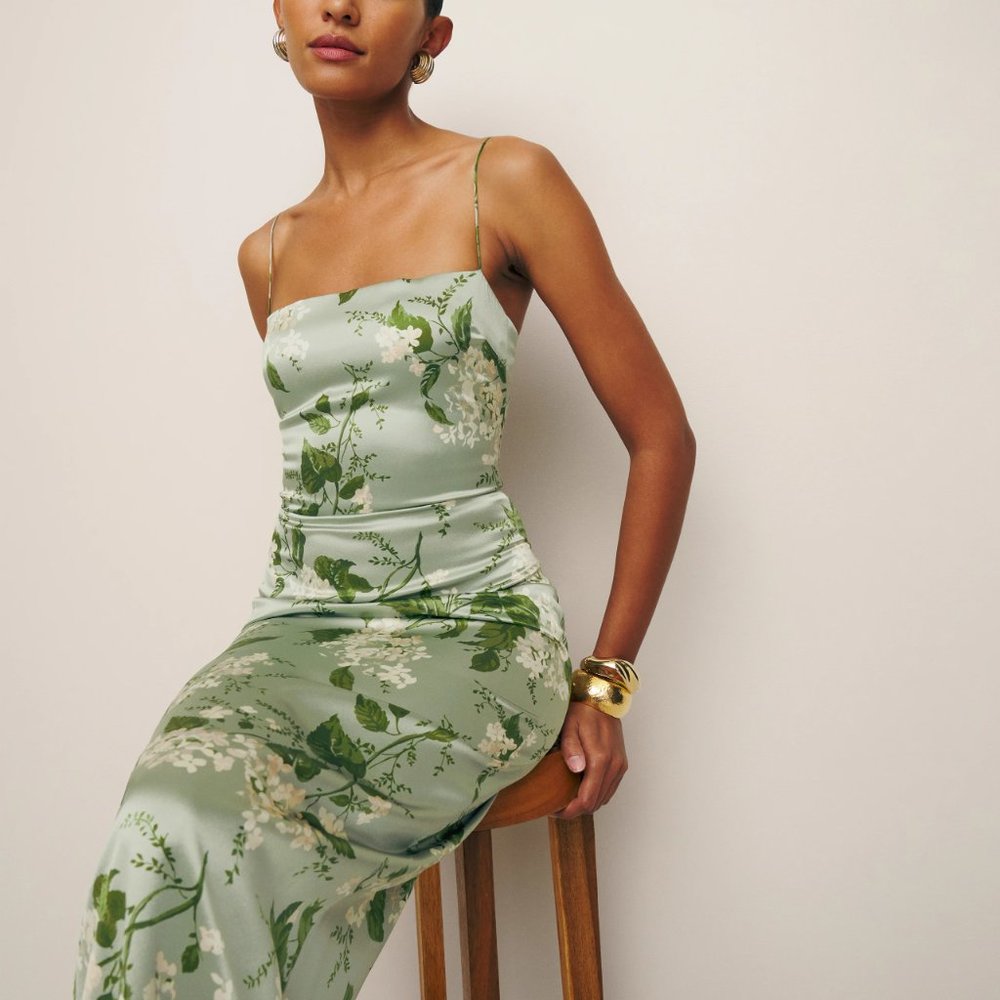 Reformation Frankie Silk Dress in Tea Garden - Picture 2 of 6